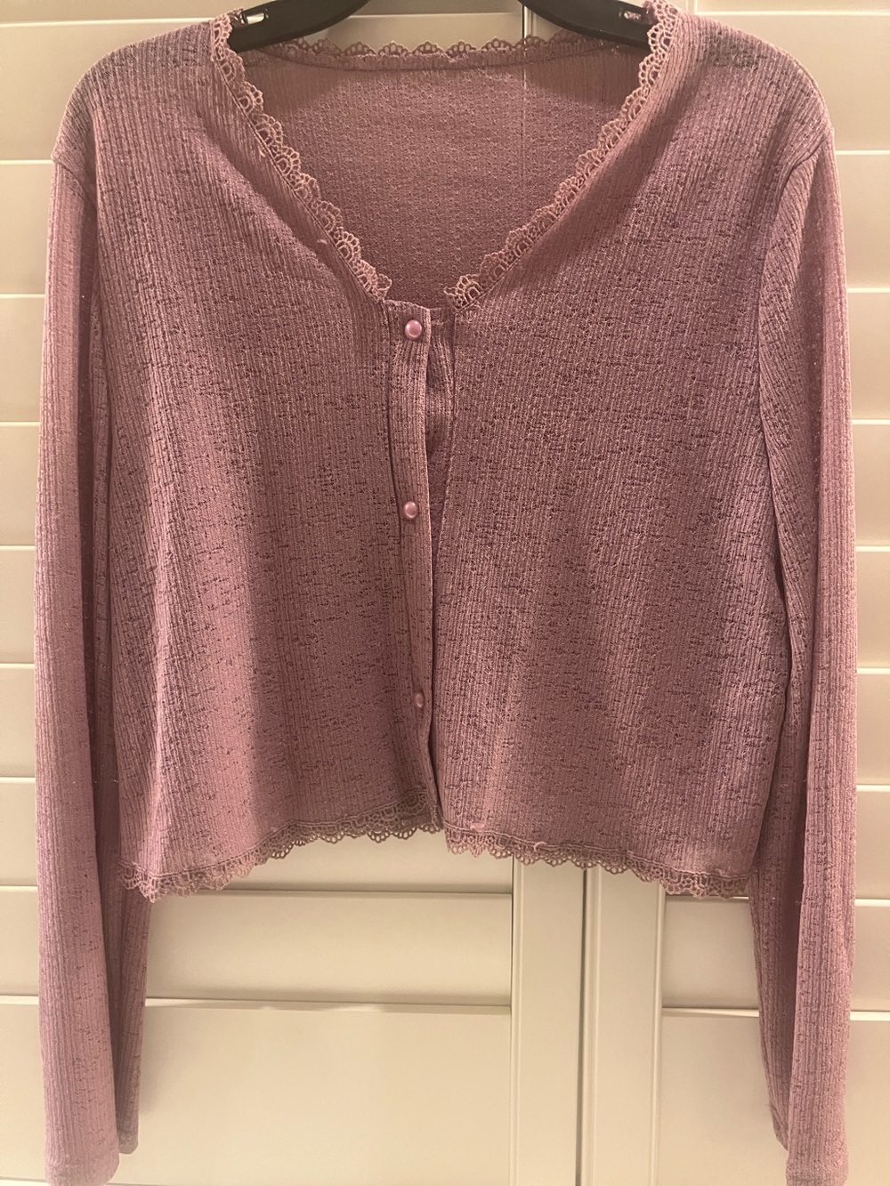 Lilac Lace-Trim Knit Crop Cardigan Sweater